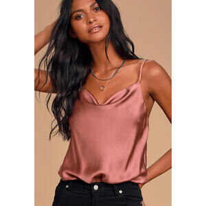 Lulus Emmerson Rusty Rose Satin Sleeveless Cowl Neck Bodysuit Pink - Size M